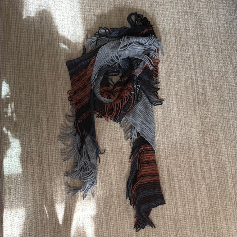 Striped Fringe Knit Scarf in Gray, Black & Rust